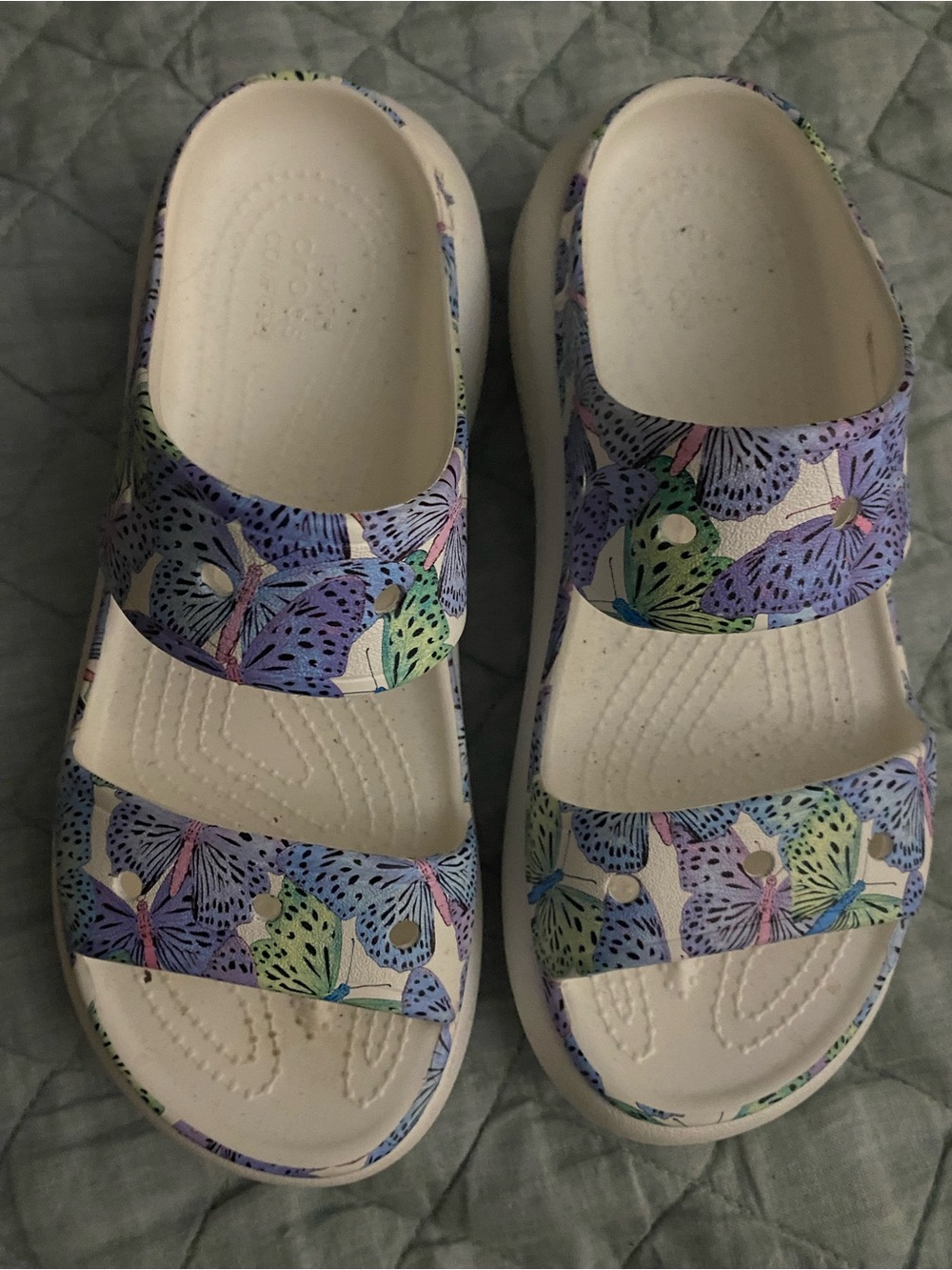 CROCS White Sandals with Purple Green and Blue Butterfly Print